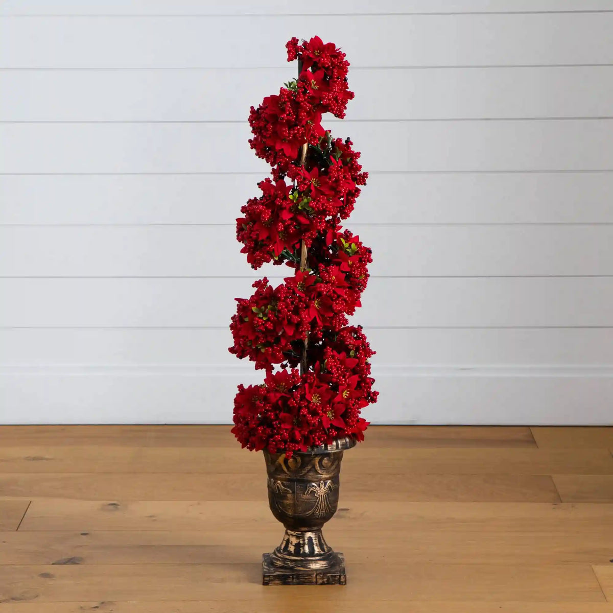 3' Pre-Lit Artificial Christmas Poinsettias and Berries Spiral Topiary Tree with 30 Warm White LED Lights