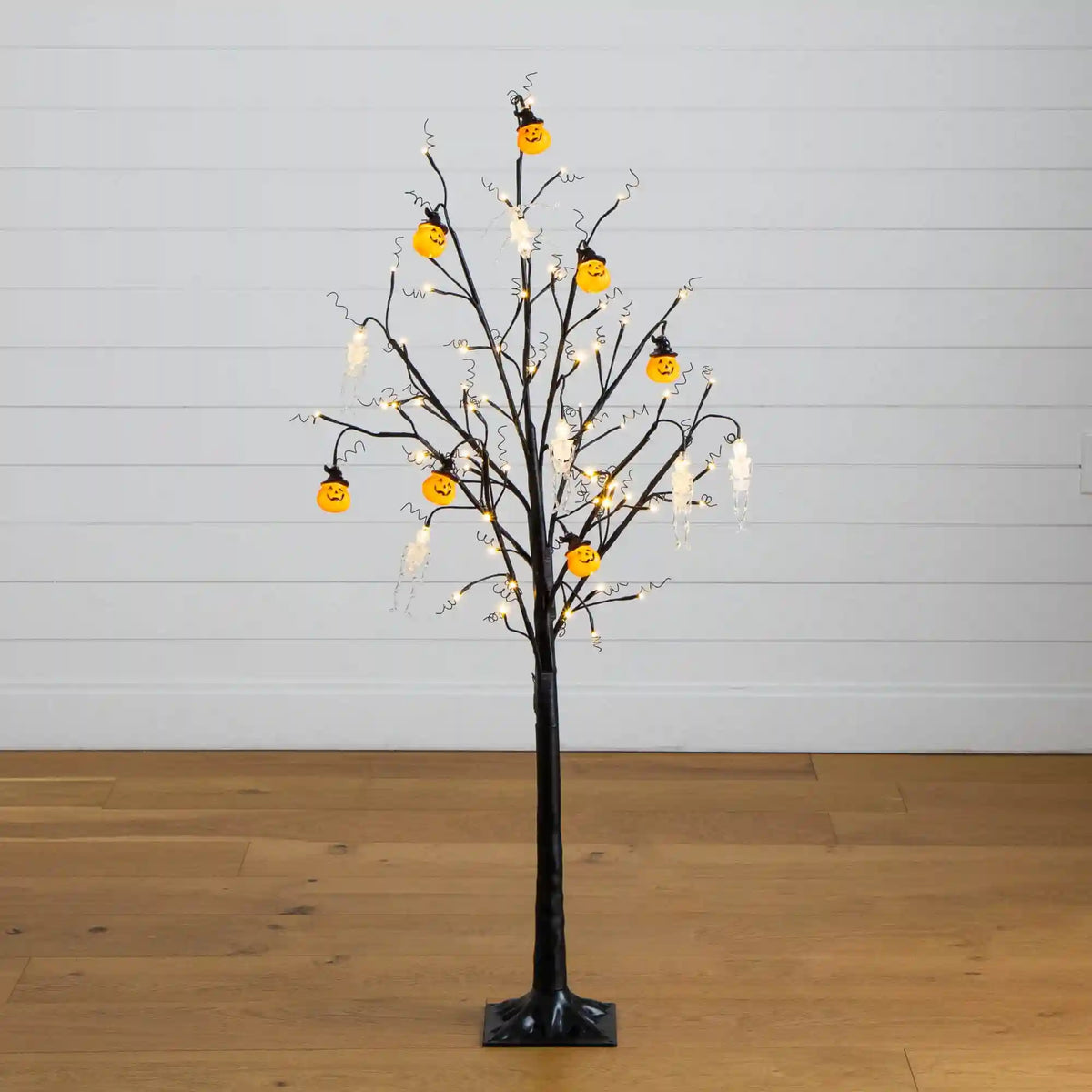 5' Pre-Lit Artificial Halloween Pumpkins and Skulls Ornament Tree with 72 Warm White LED Lights