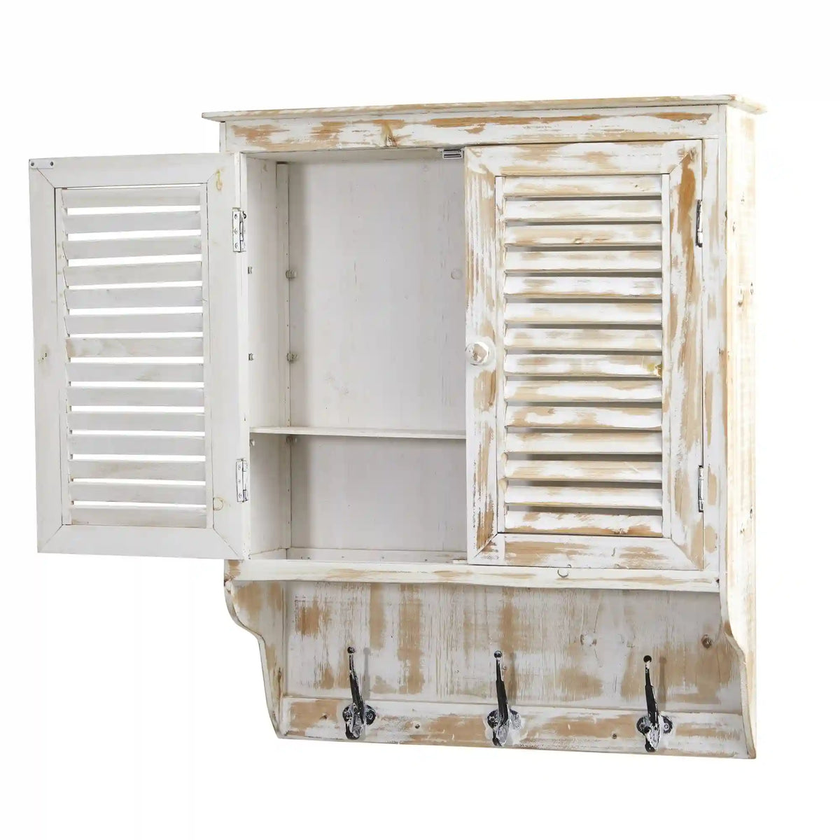 32” White Washed Wall Cabinet with Hooks