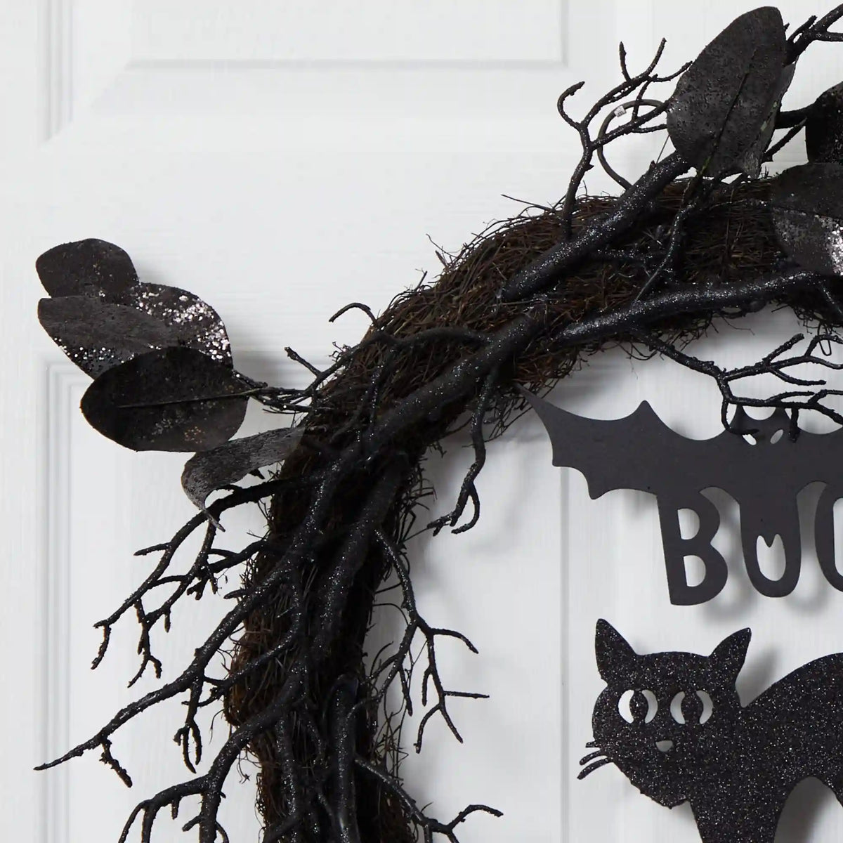 22” Halloween Black Cat and Bat Boo Twig Wreath