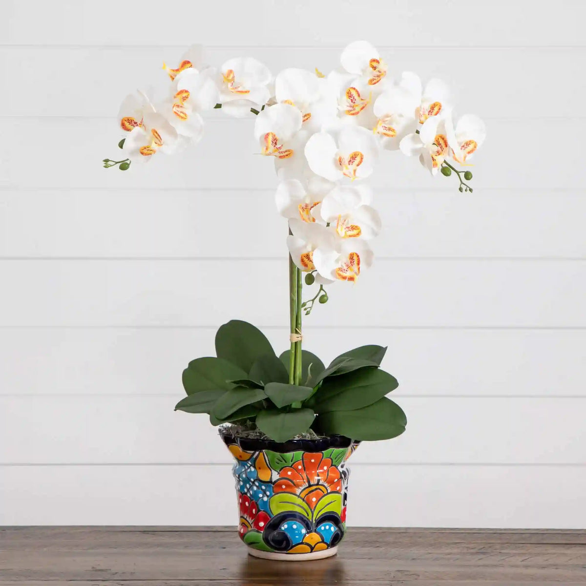 27” Artificial Triple Orchid Arrangement in Handmade Mexican Talavera Ceramic Planter