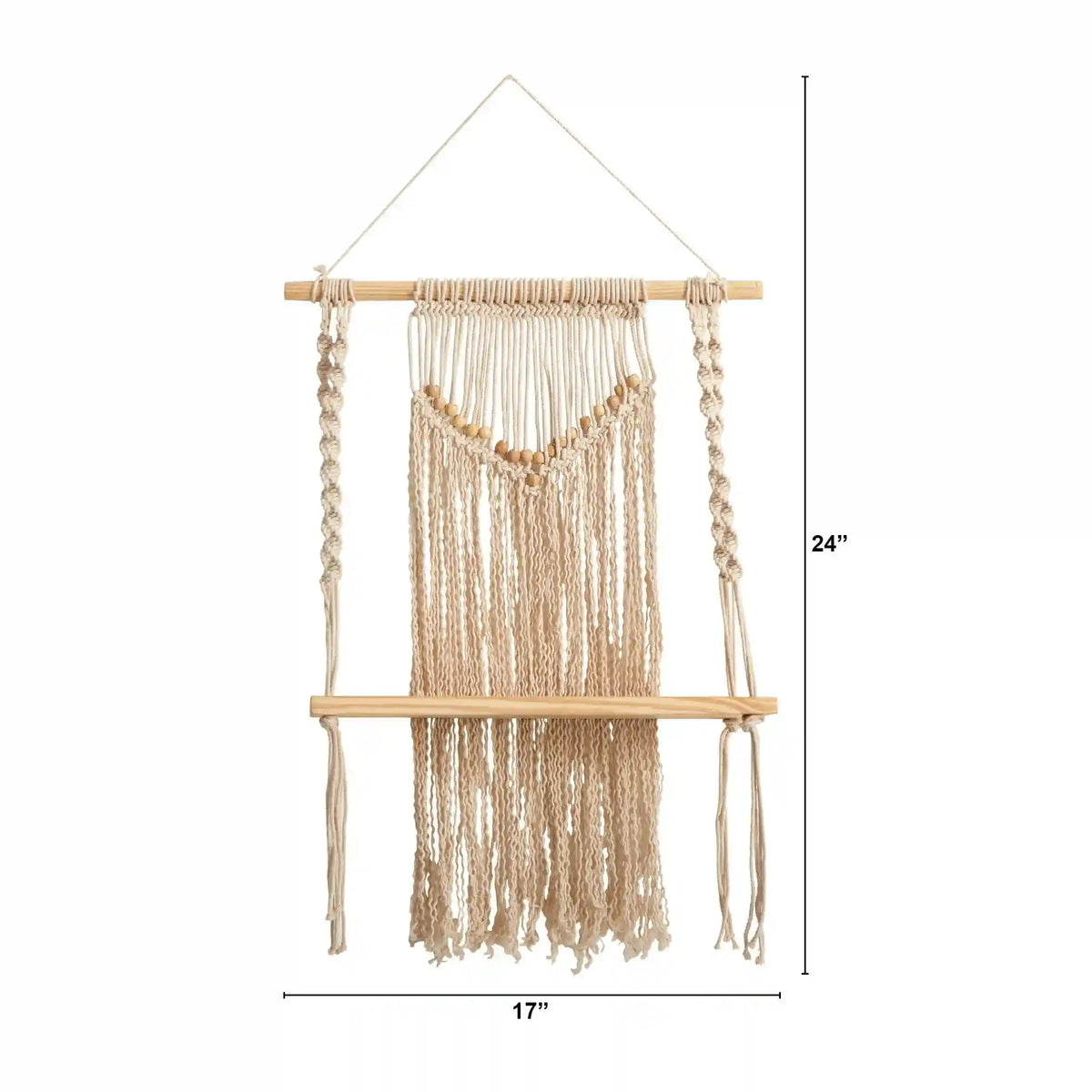 24" Boho Chic Wood Macrame Single Shelf Woven Beads Wall Art Décor"