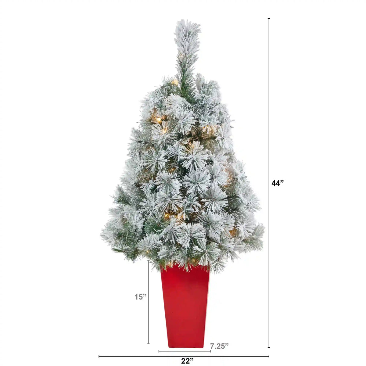 44” Flocked Oregon Pine Artificial Christmas Tree with 50 Clear Lights and 113 Bendable Branches in Red Tower Planter