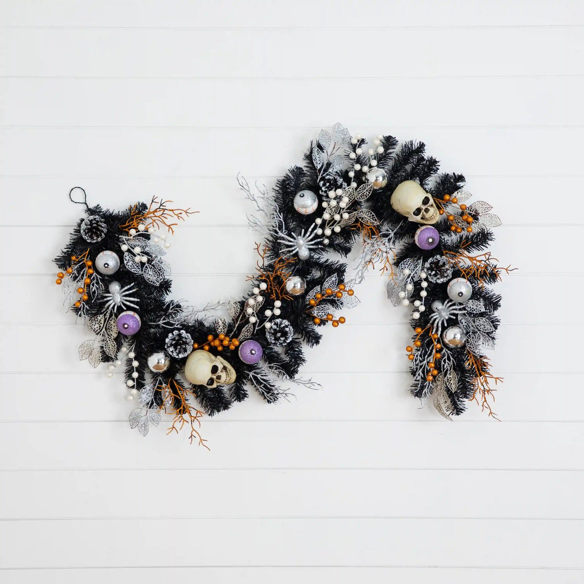 6' Artificial Halloween Black Garland with Skulls, Eyeballs and Spiders