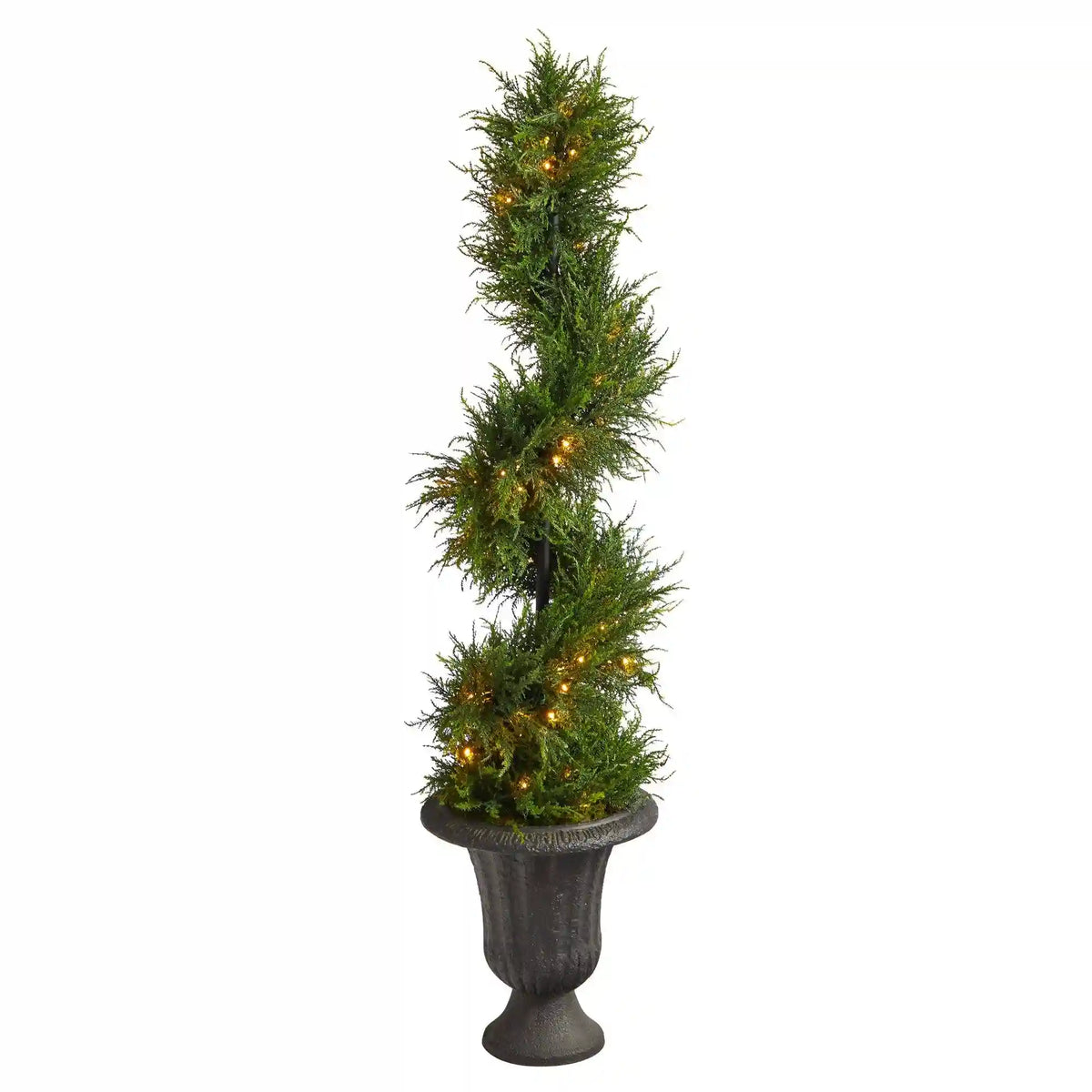 4.5’ Spiral Cypress Artificial Tree in Charcoal Urn with 80 Clear LED Lights UV Resistant (Indoor/Outdoor)