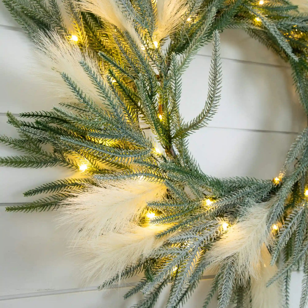 24" Artificial Balsam Fir Pine and Pampas Wreath with 50 Color Changing LED Lights
