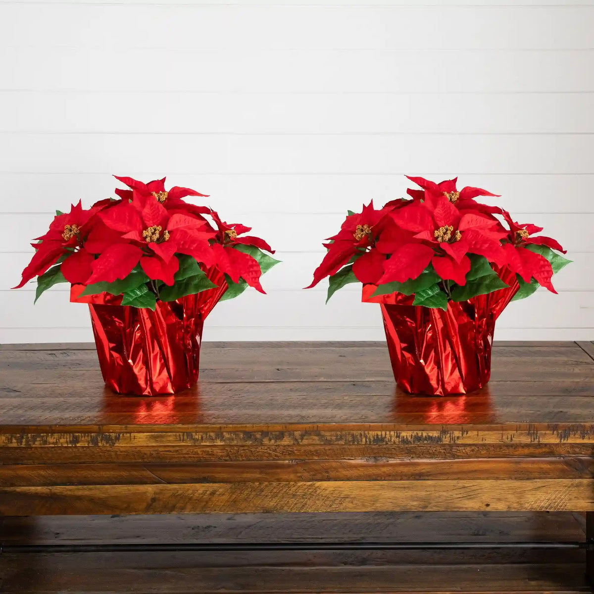 13" Artificial Poinsettia Arrangement in Red Wrapped Planter - Set of 2