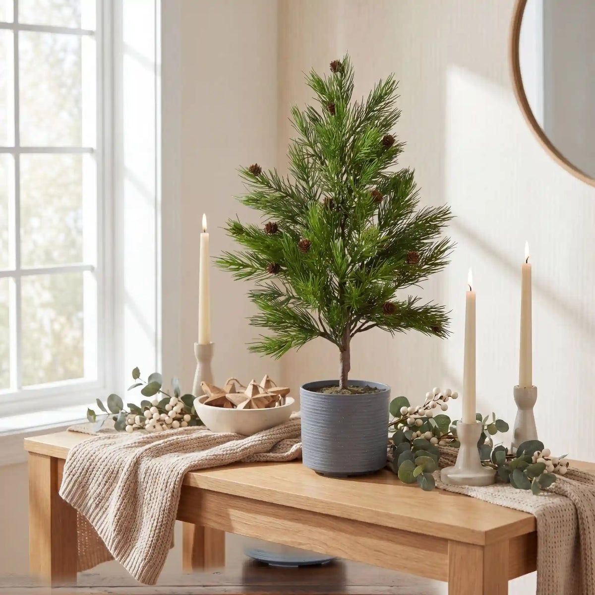 2' Artificial Real Touch Cedar Christmas Tree with Pinecones in Gray Decorative Planter