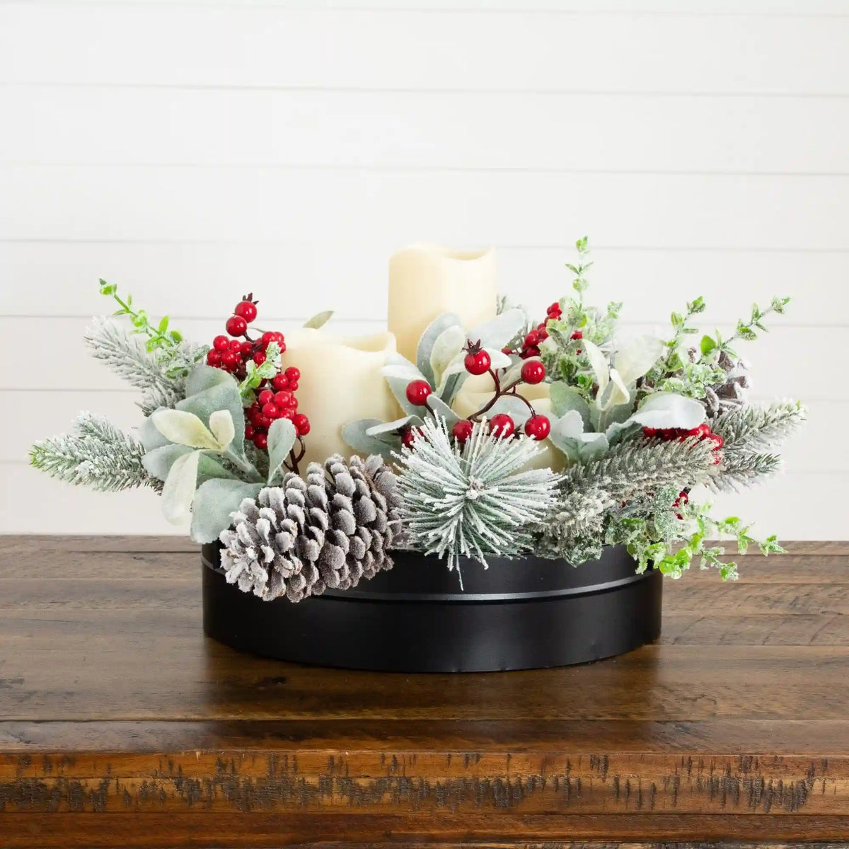 10” Artificial Christmas Flocked Pine & Berry Candle Centerpiece with Pinecones