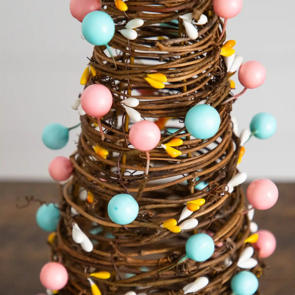 12" and 16" Artificial Easter Rattan Cone Trees with Pastel Eggs - Set of 2