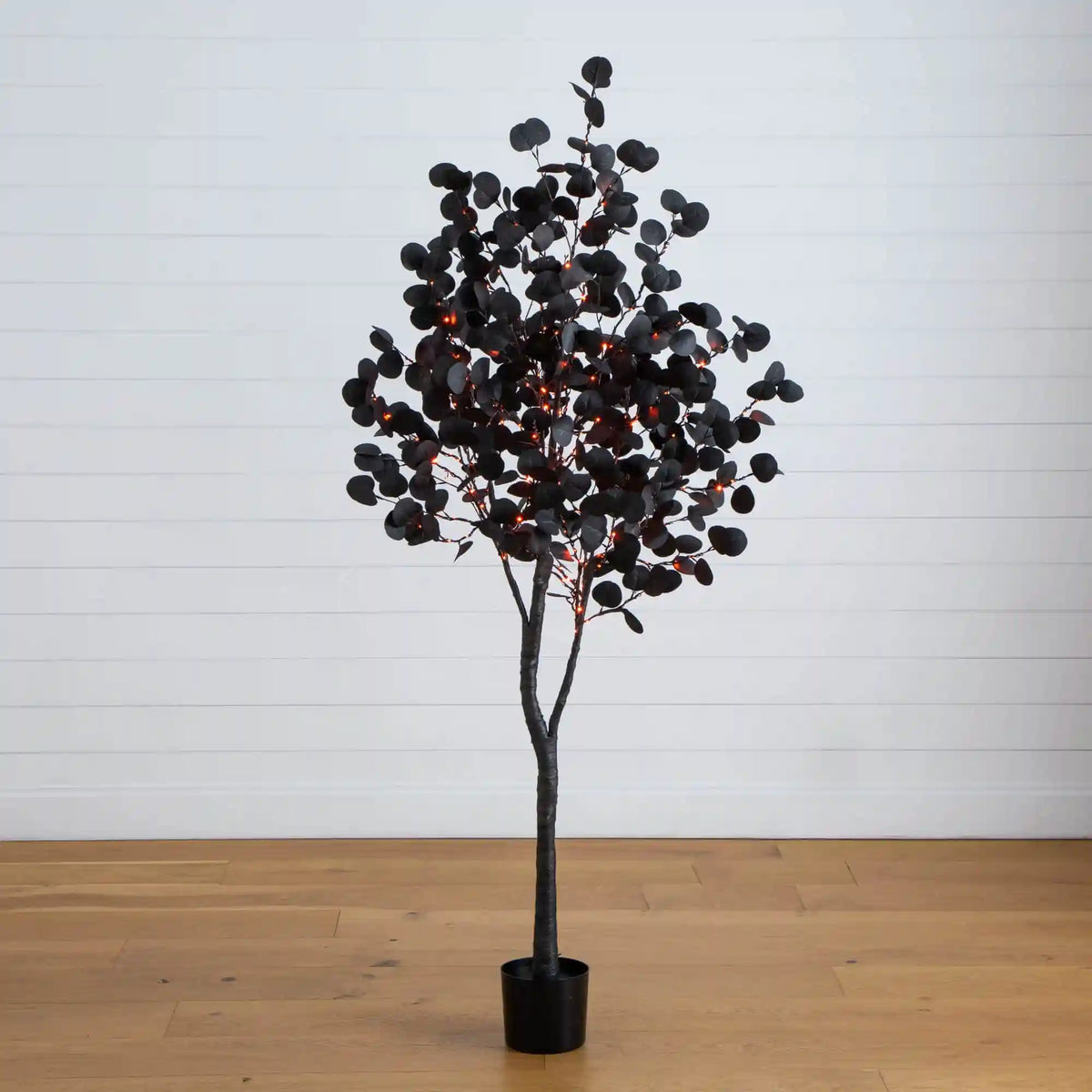 6' Pre-Lit Artificial Halloween Black Eucalyptus Tree with 300 Orange & Purple LED Lights