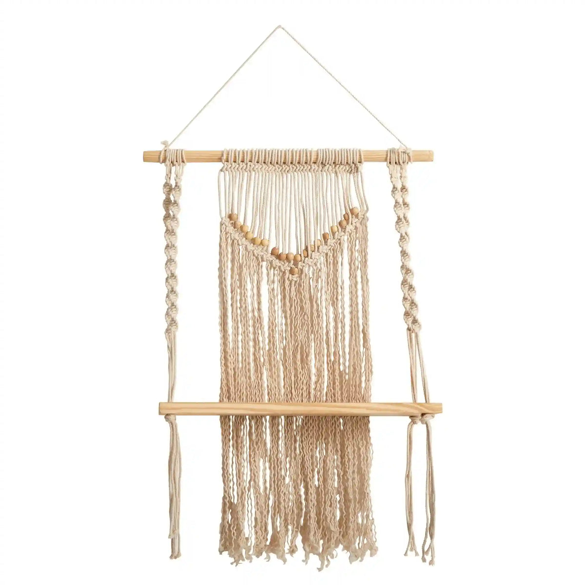 24" Boho Chic Wood Macrame Single Shelf Woven Beads Wall Art Décor"