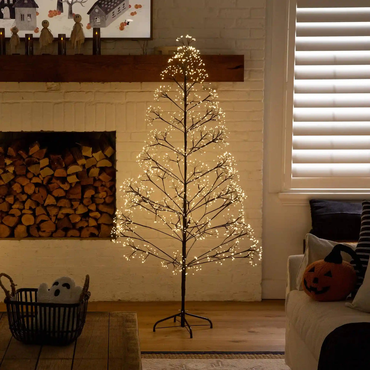 6' Pre-Lit Artificial Halloween Black Starburst Tree with 1680 Fairy Warm White LED Lights