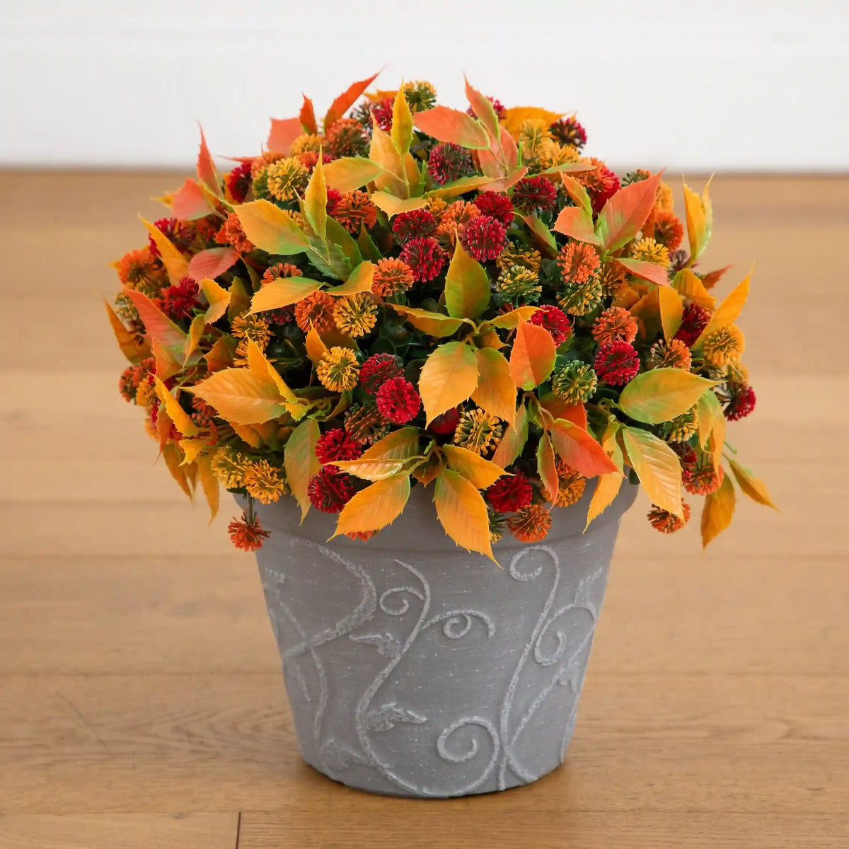 15.5” UV Resistant Autumn Artificial Mixed Fall Mum in Decorative Gray Planter (Indoor/Outdoor)