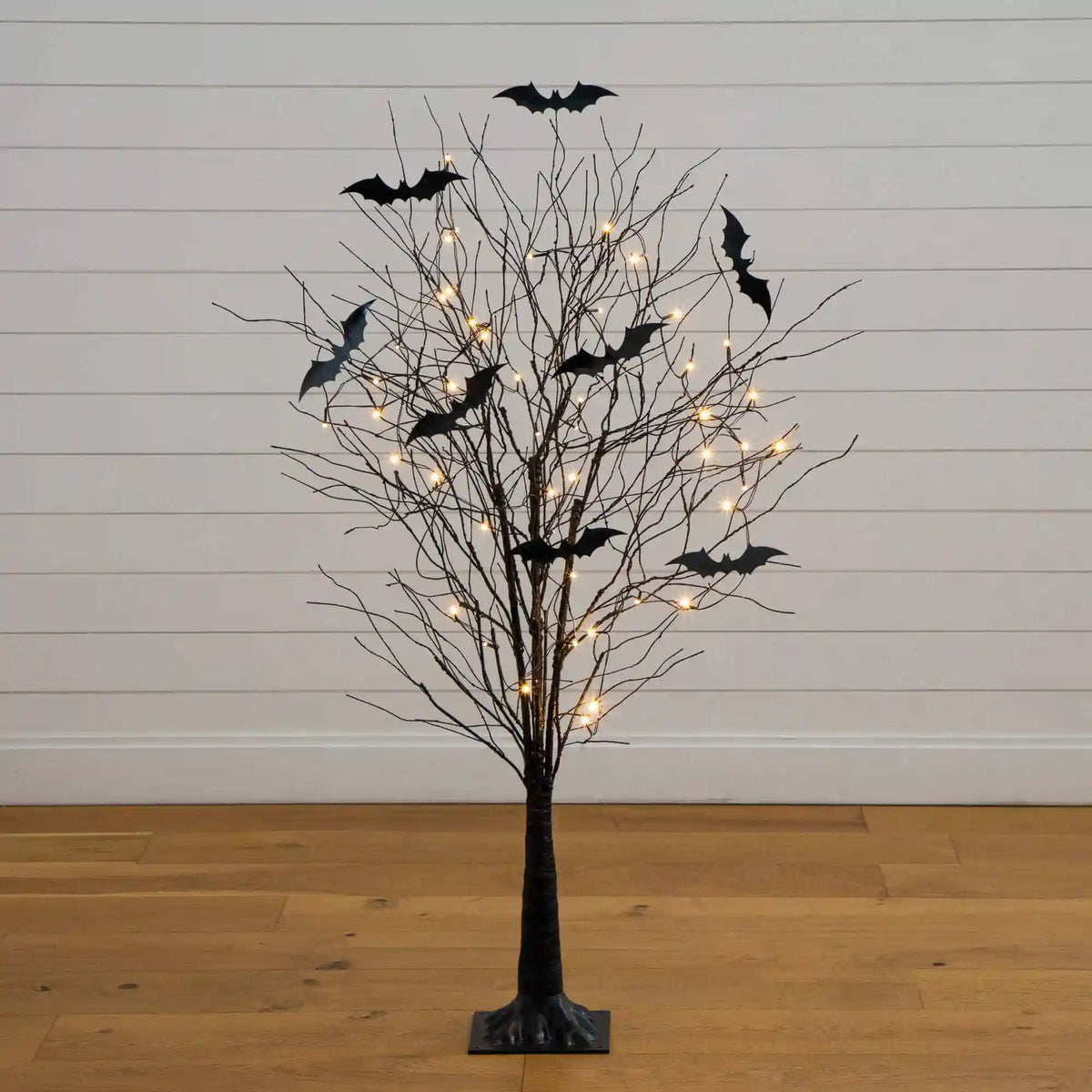 5' Pre-Lit Artificial Halloween Black Twig Tree with Bats and 50 Warm White LED Lights