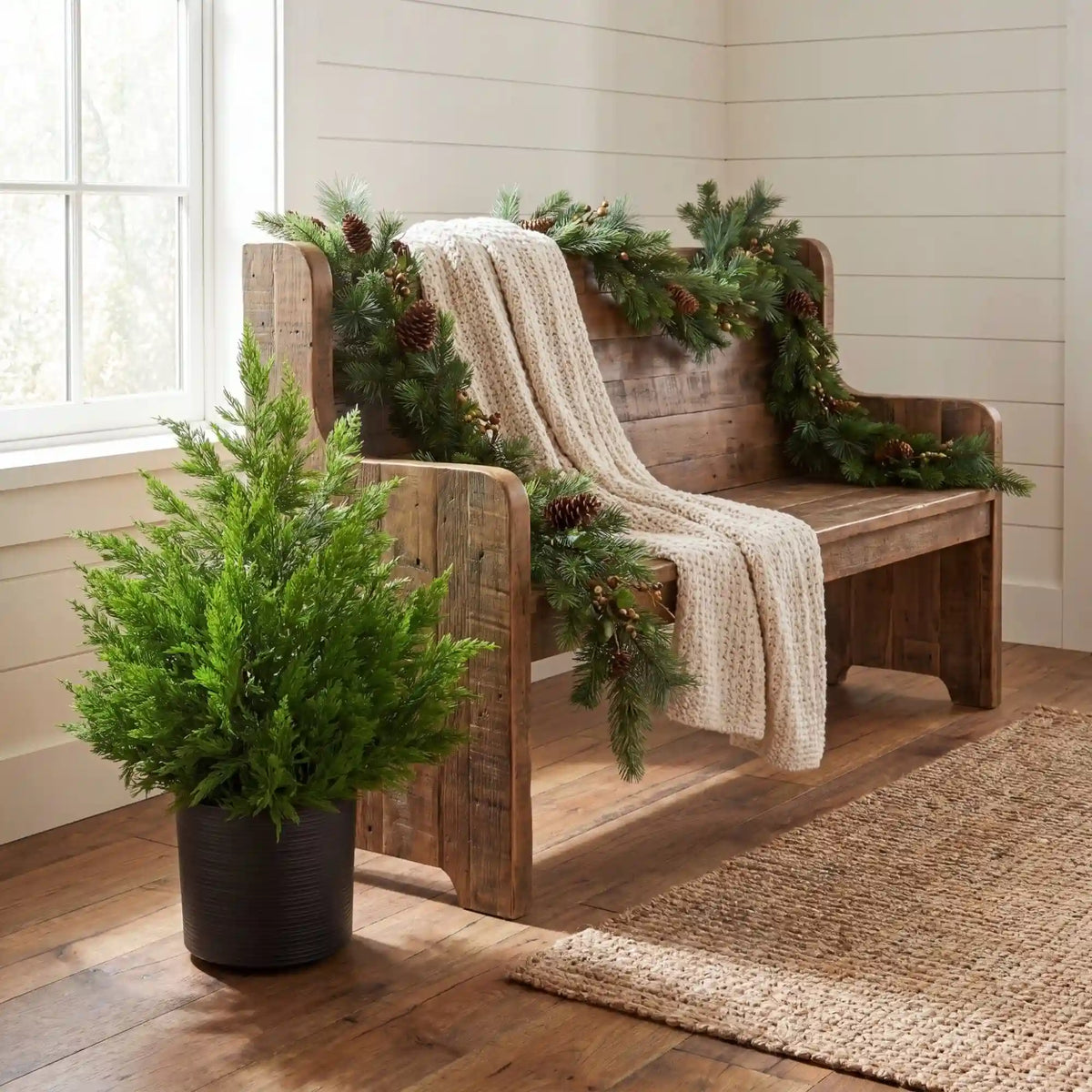 28” Artificial Real Touch Winter Cypress Bush in Black Decorative Planter