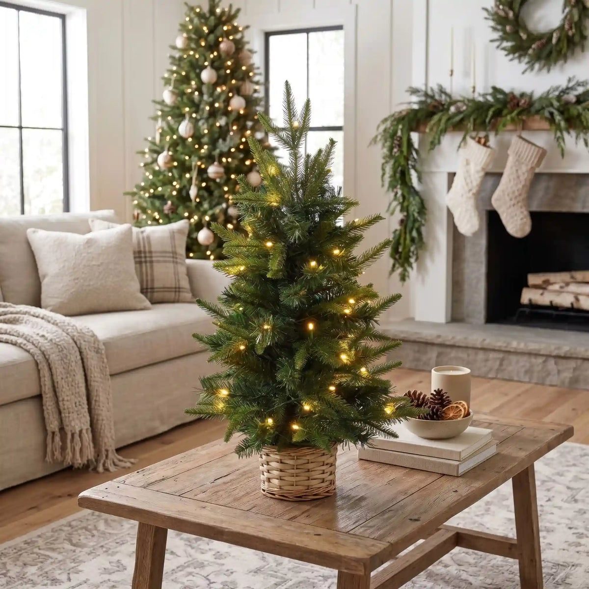 2’ Artificial Christmas Tree with 35 Clear LED Lights in Decorative Basket