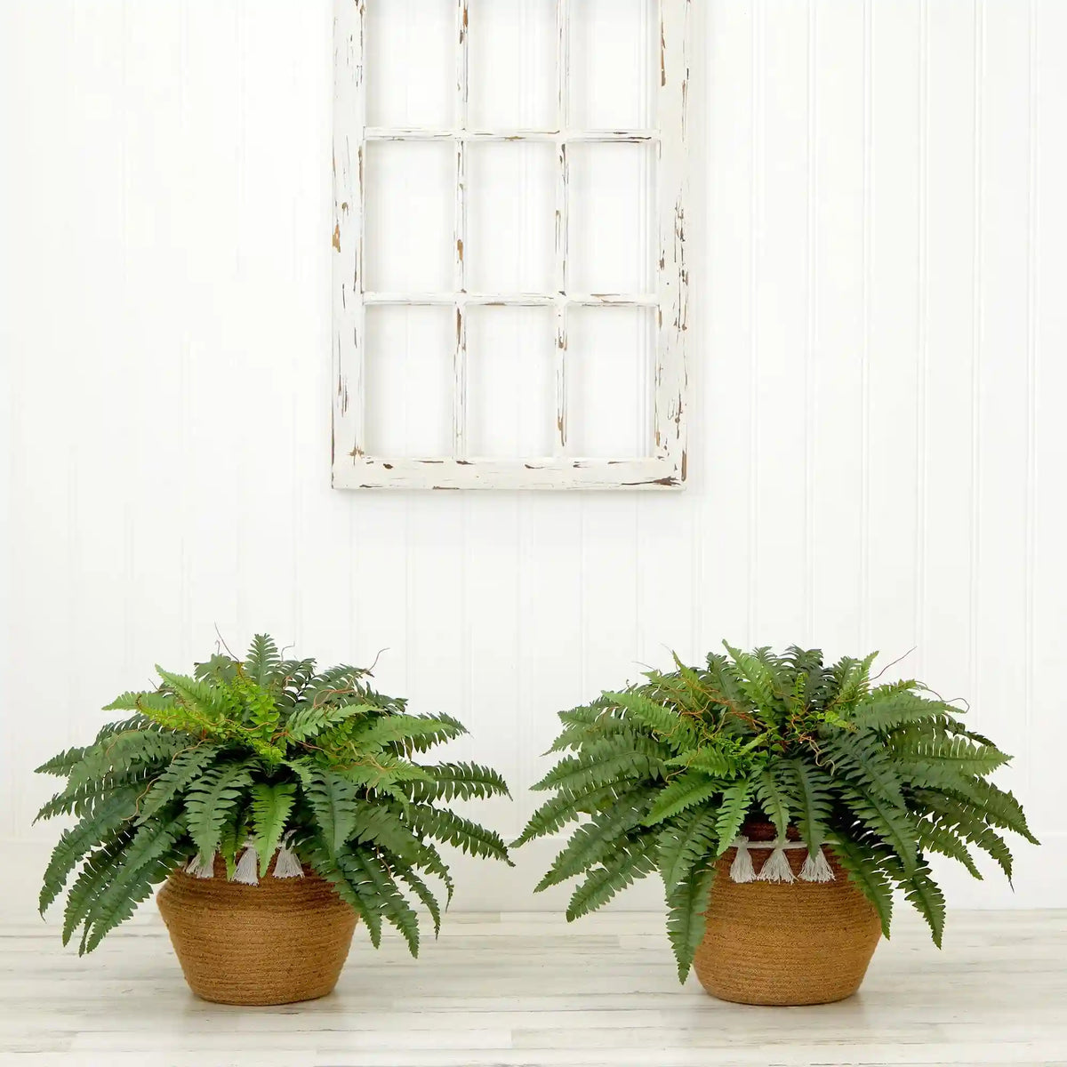 23” Artificial Boston Fern Plant with Handmade Jute & Cotton Basket with Tassels DIY KIT - Set of 2