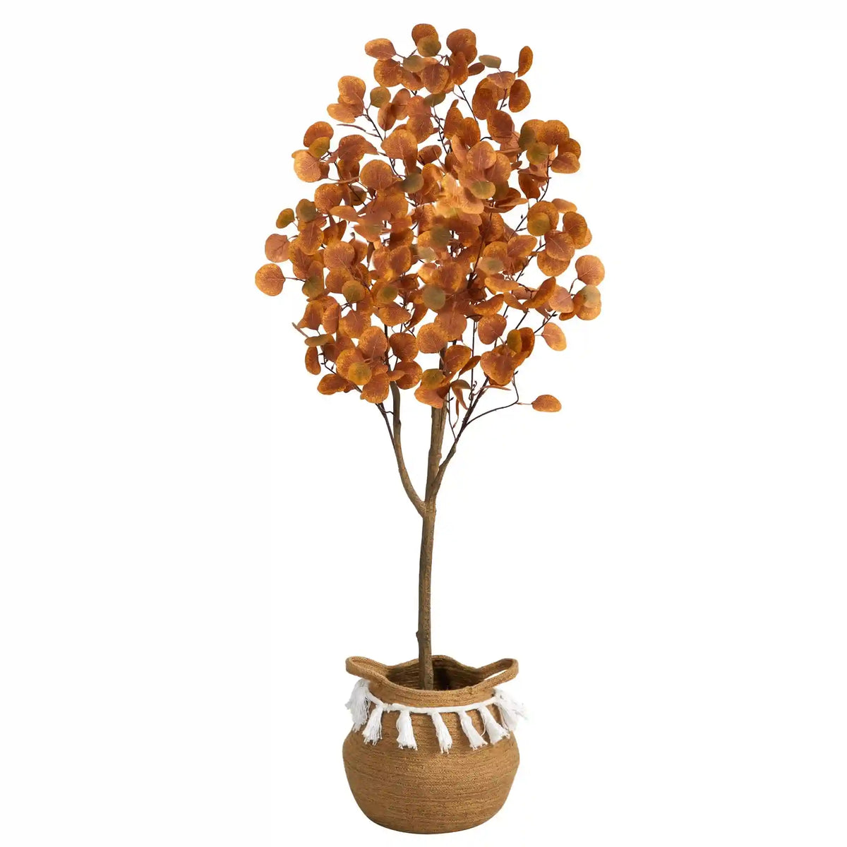 5’ Artificial Autumn Eucalyptus Tree with Handmade Jute & Cotton Basket with Tassels
