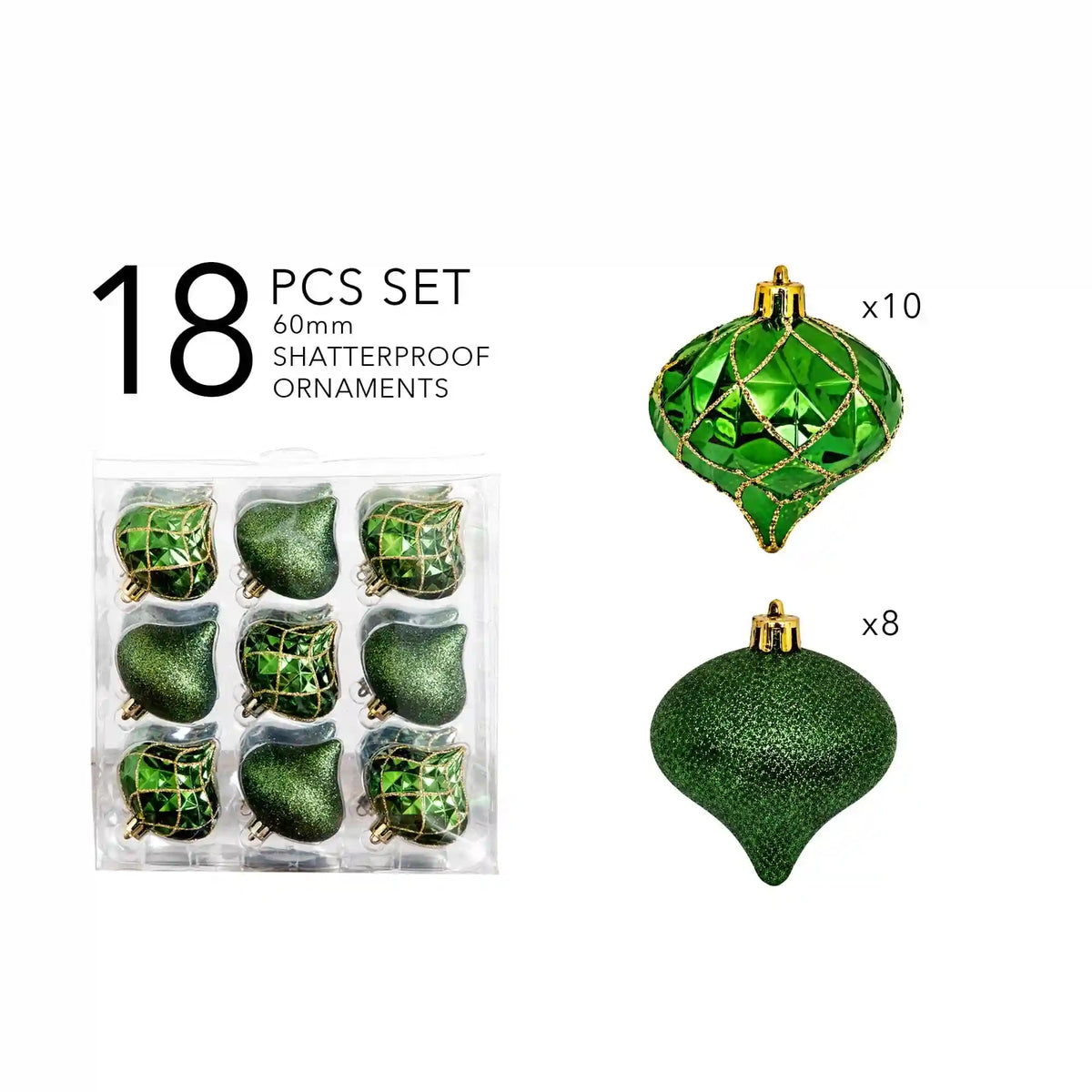 18pc Green and Gold Teardrop Shatterproof Christmas Ornaments