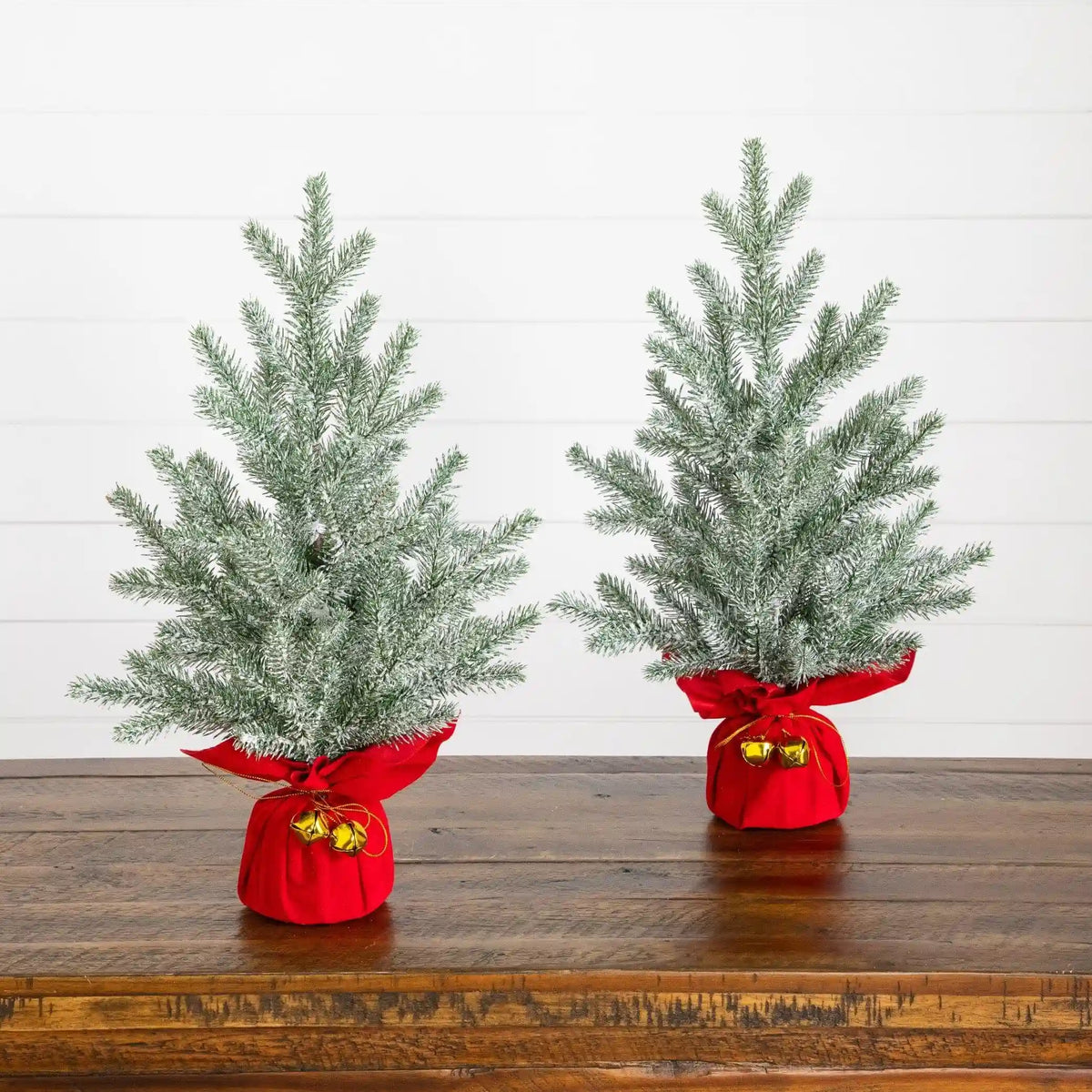 18” Artificial Flocked Christmas Tree with Wrapped Velvet Base and Gold Bells - Set of 2