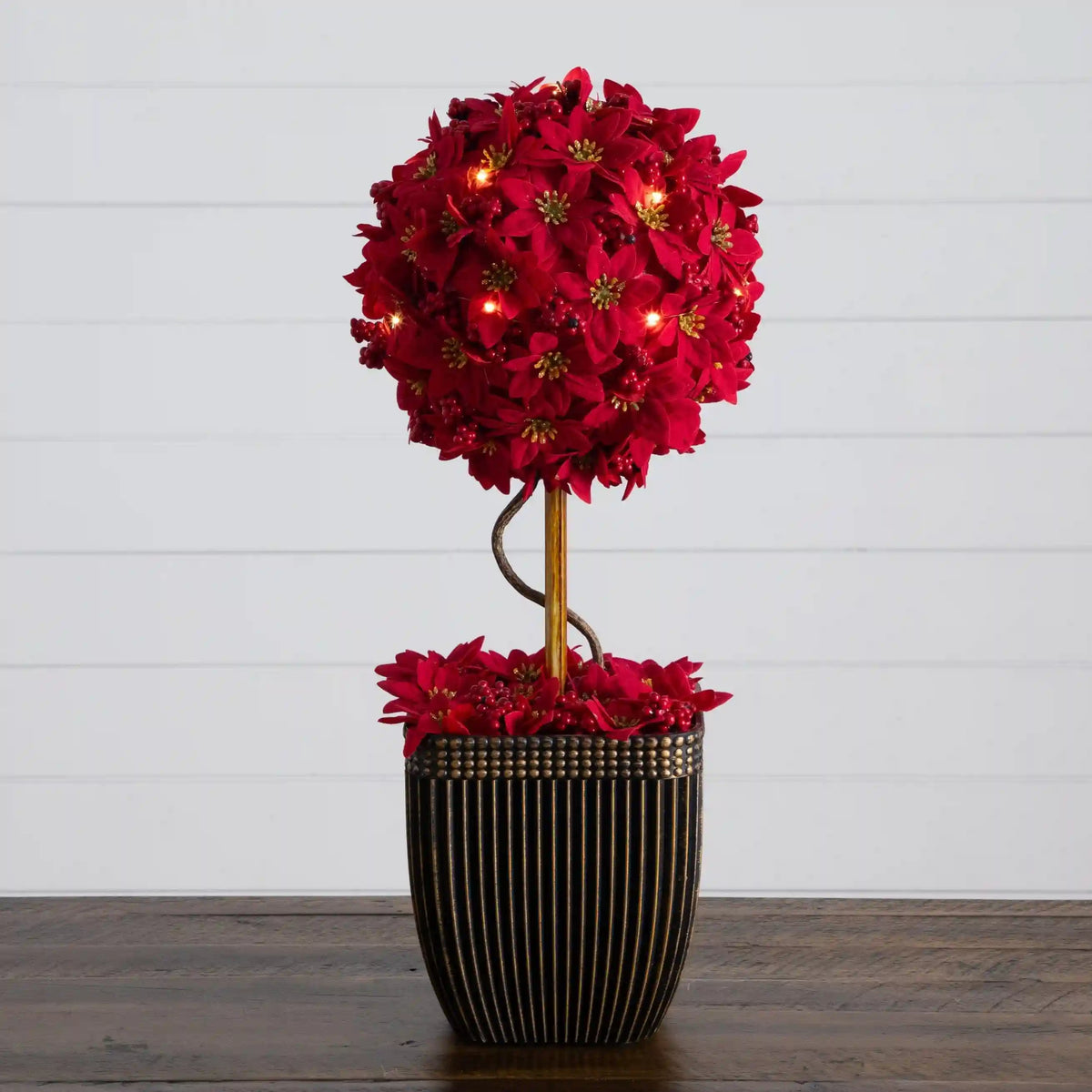 21” Pre-Lit Artificial Christmas Poinsettia Single Ball Topiary Tree with 15 LED Lights in Decorative Planter