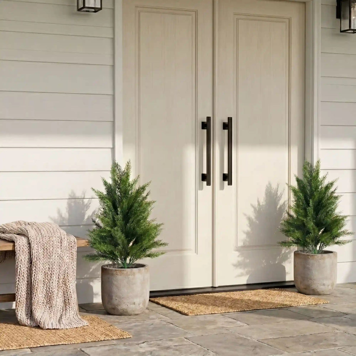 22” UV Resistant Artificial Cedar Bush with Integrated Ground Stake (Indoor/Outdoor) - Set of 2