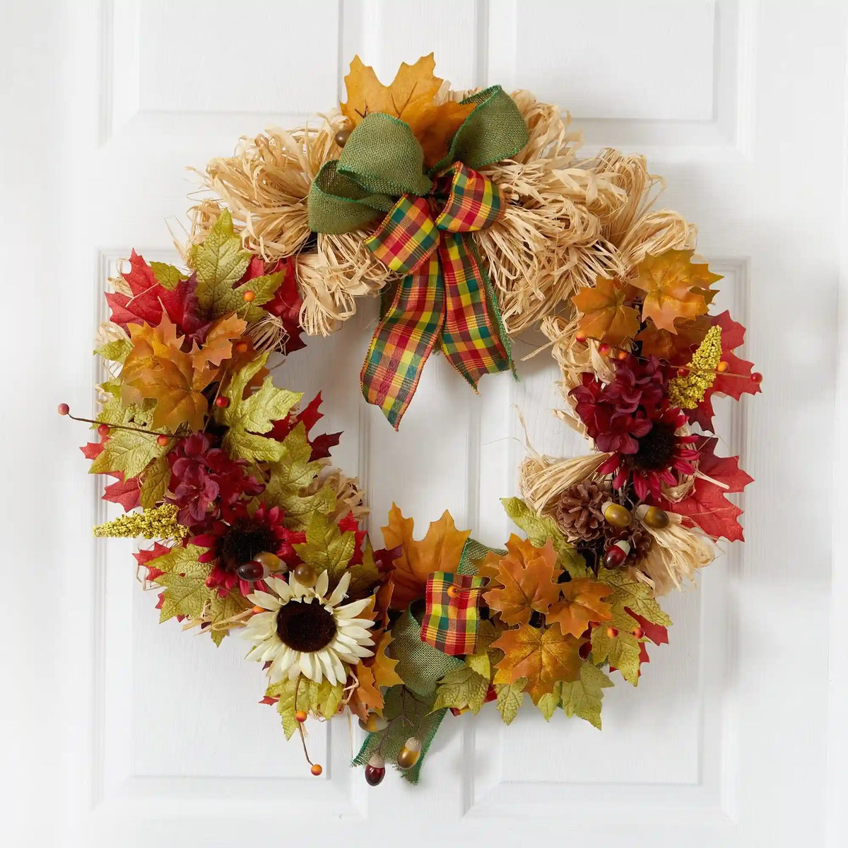 30” Harvest Autumn Sunflower, Maple Leaves and Berries Artificial Fall Wreath with Decorative Bows