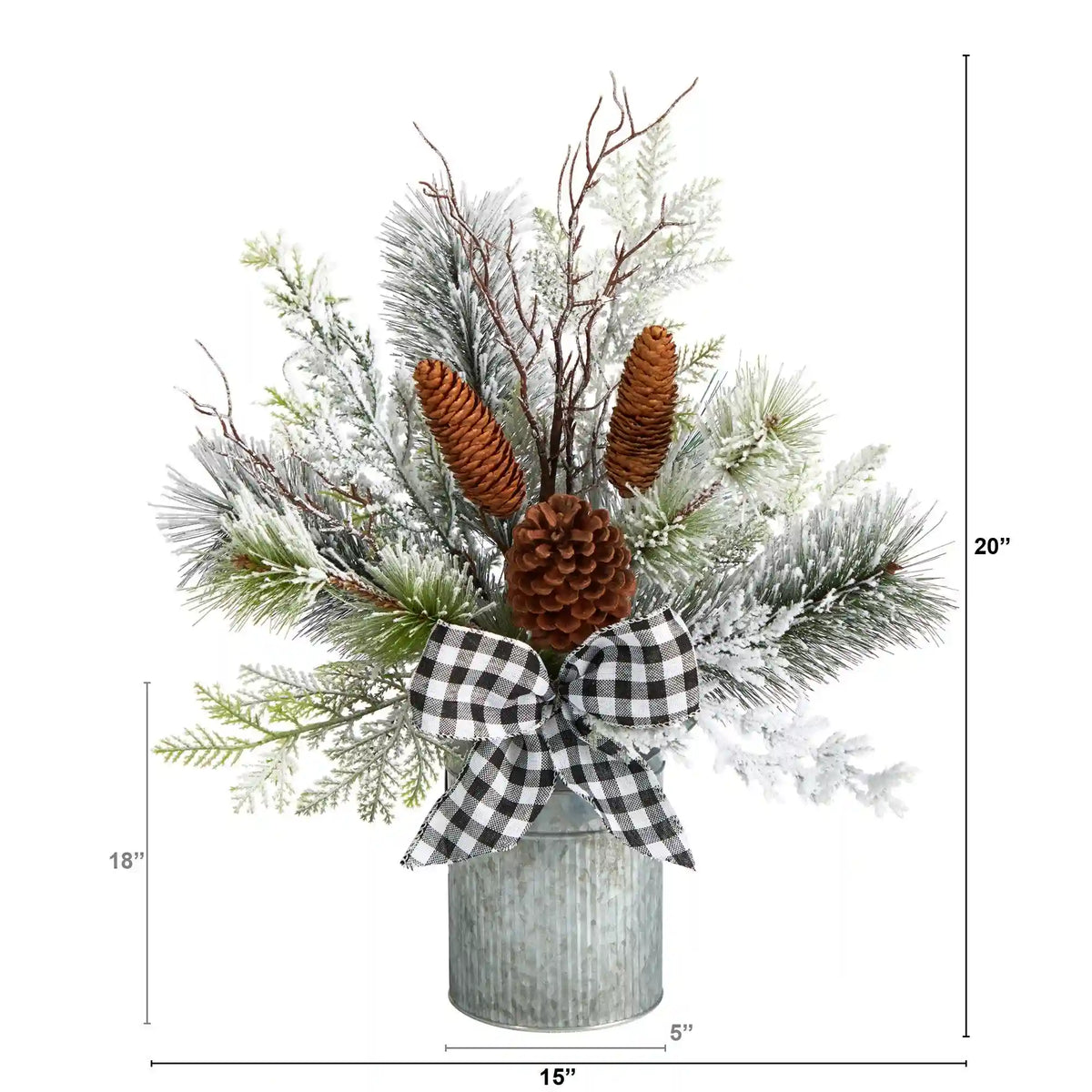 20” Holiday Winter Greenery with Pinecones and Gingham Plaid Bow Table Christmas Arrangement