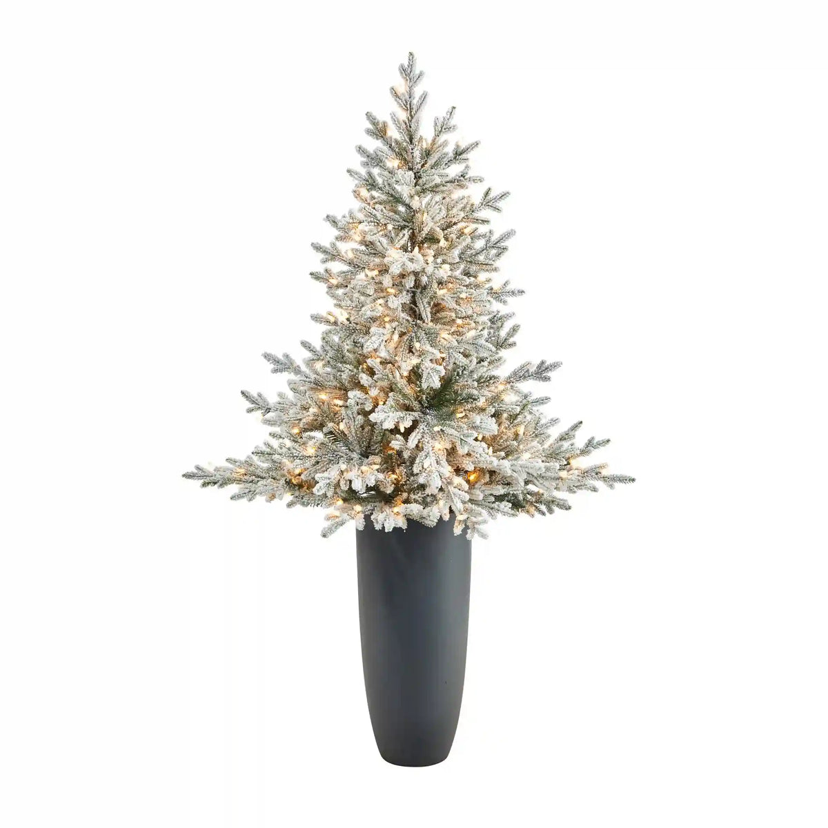 5’ Flocked Fraser Fir Artificial Christmas Tree with 300 Warm White Lights and 967 Bendable Branches in Gray Planter