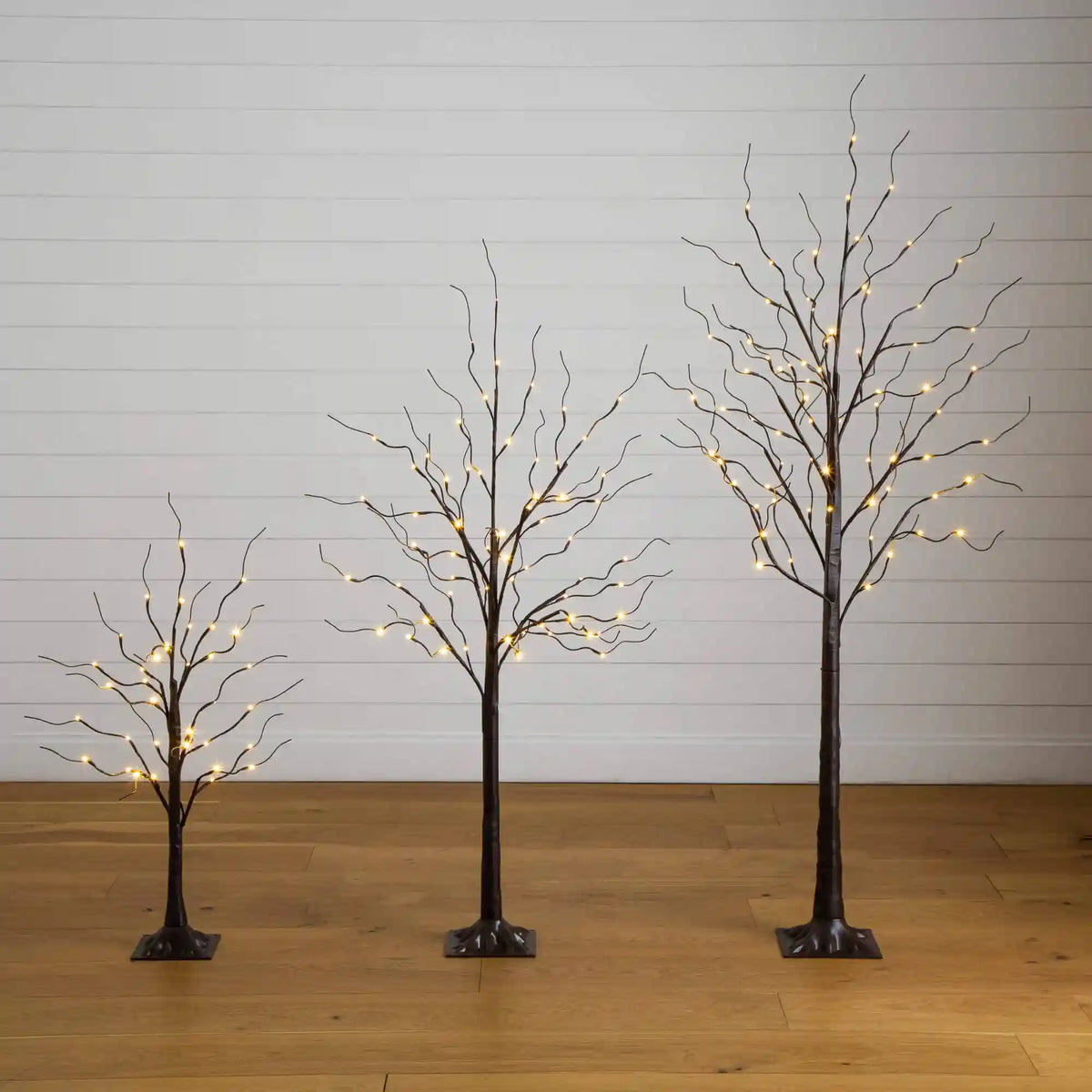 3' 5' 6' Artificial Brown Birch Trees with Warm White LED Lights - Set of 3