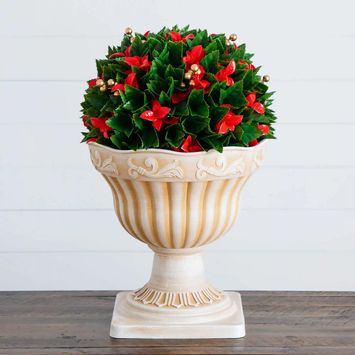 22" UV Resistant Artificial Red Tip Photinia Christmas Ball in Classic Decorative Planter (Indoor/Outdoor)