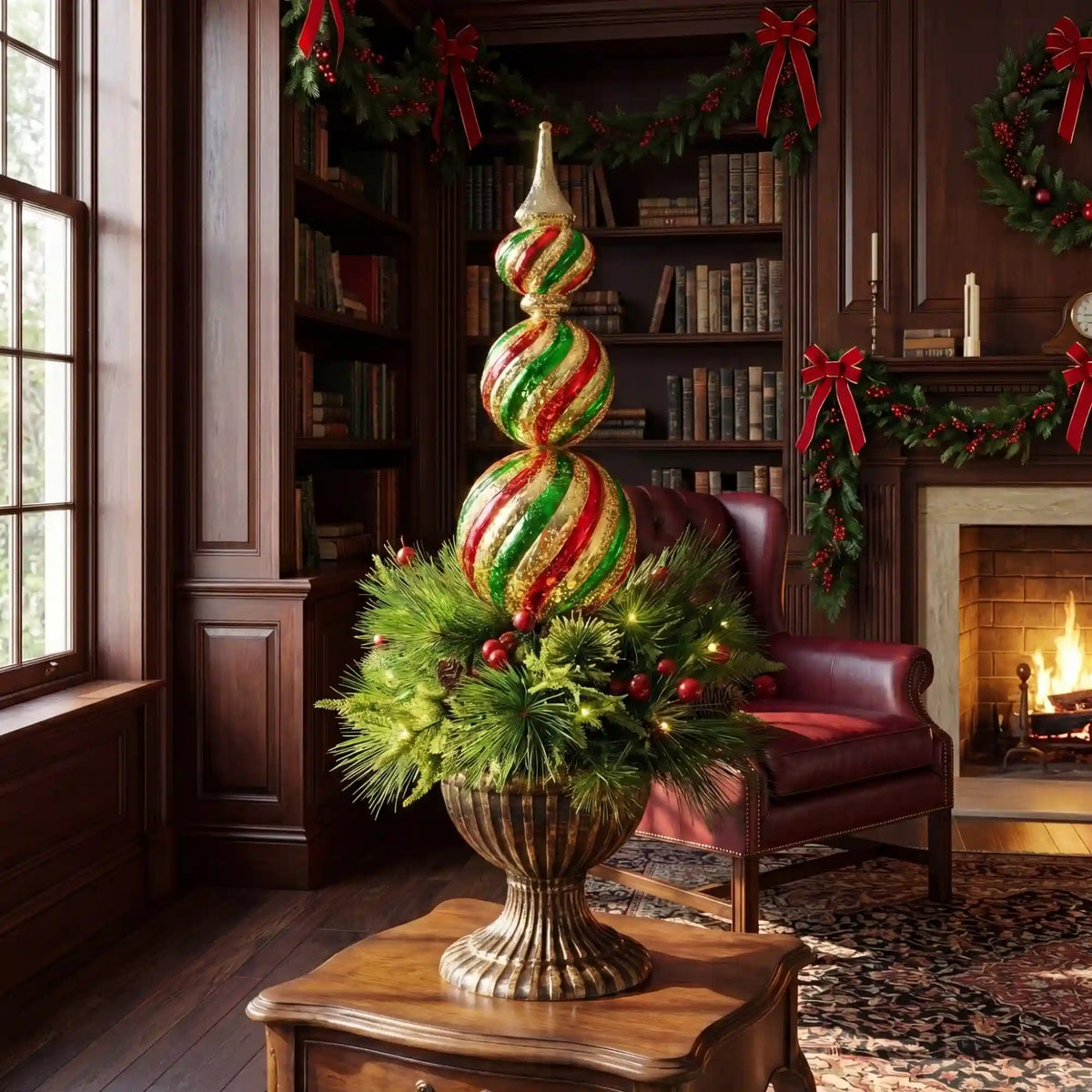 3’ Pre-Lit Artificial Christmas Finial Ornament and Mixed Pine Topiary Tree with Berries & Pinecones and 70 LED Lights in Decorative Urn