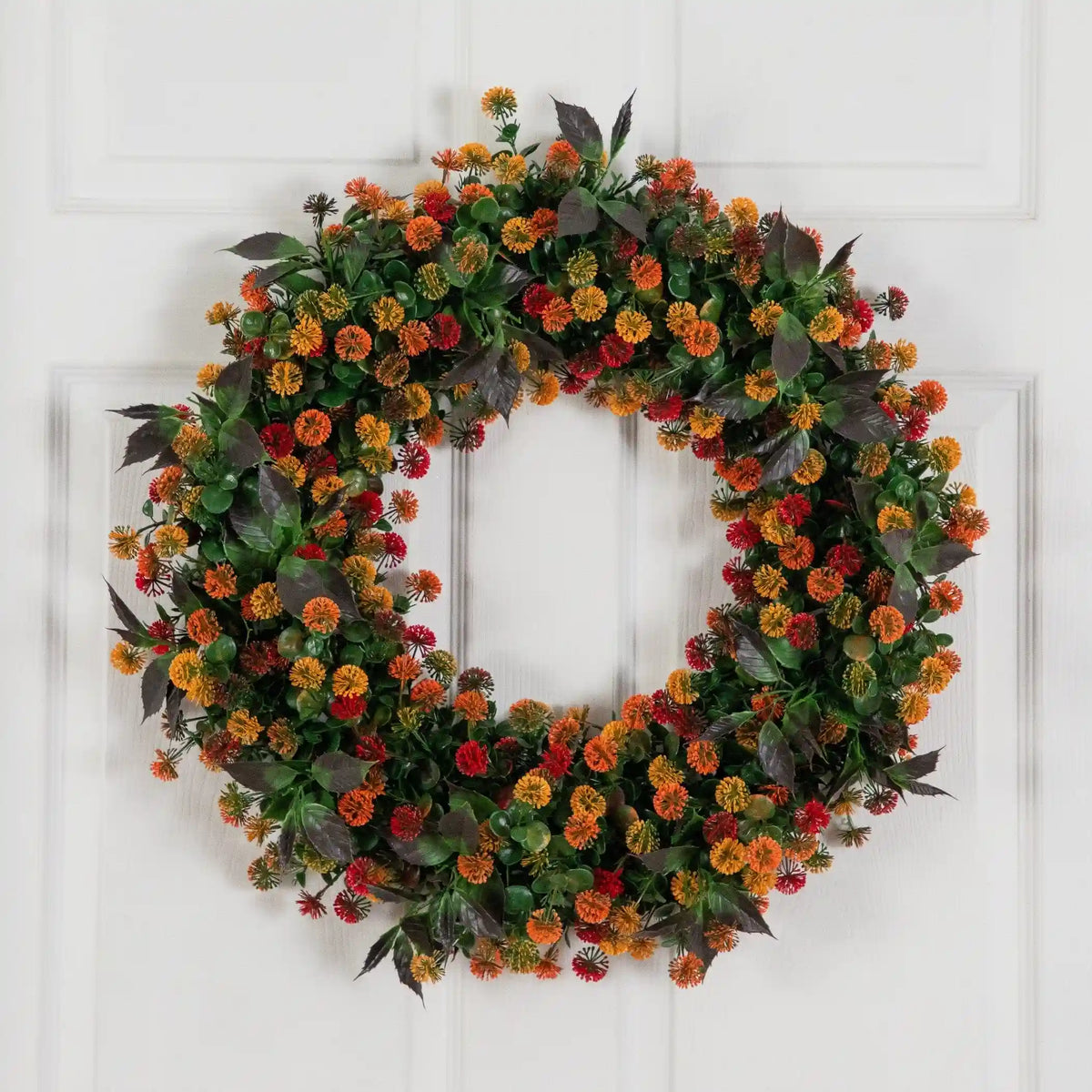 24” UV Resistant Autumn Artificial Fall Mum Wreath (indoor/Outdoor)