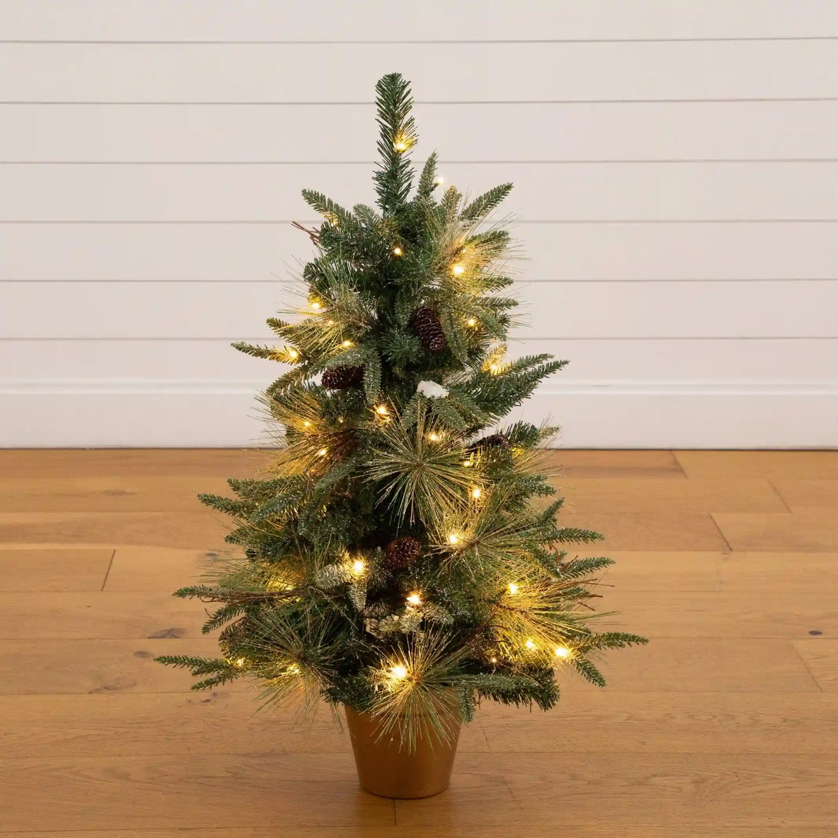 3' Artificial Pre-Lit Snowed Mixed Pine Christmas Tree with 36 LED Lights and Pinecones in Gold Decorative Planter
