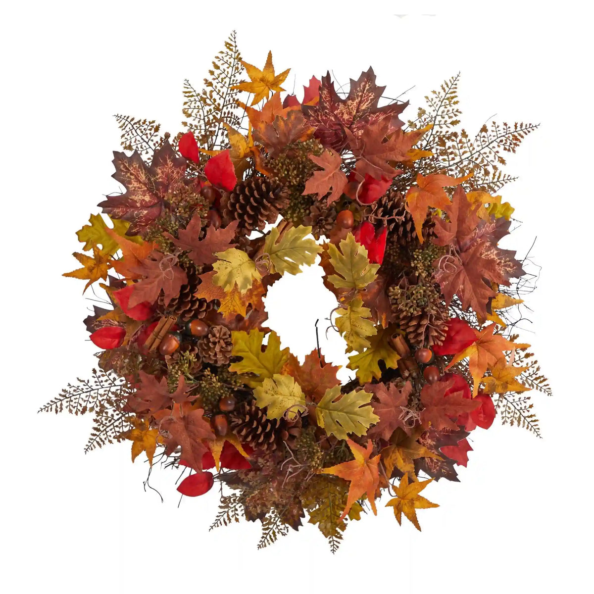 30” Autumn Maple Leaves, Acorn, Pinecones and Cinnamon Sticks Artificial Fall Wreath