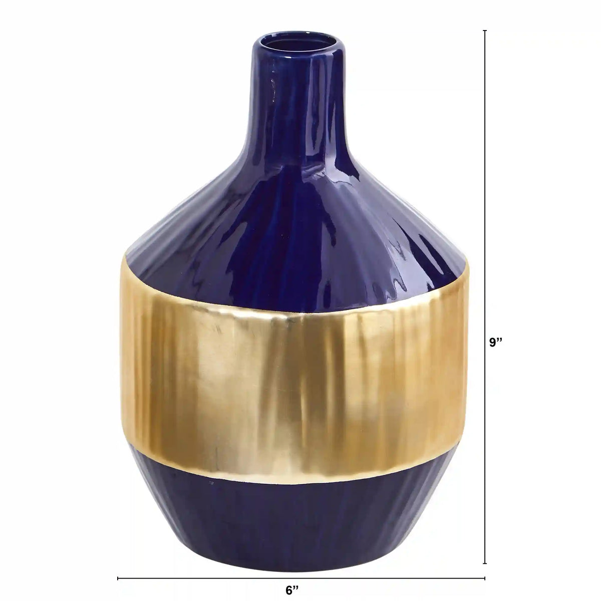 9” Lux Blue Ceramic Vase with Gold Band