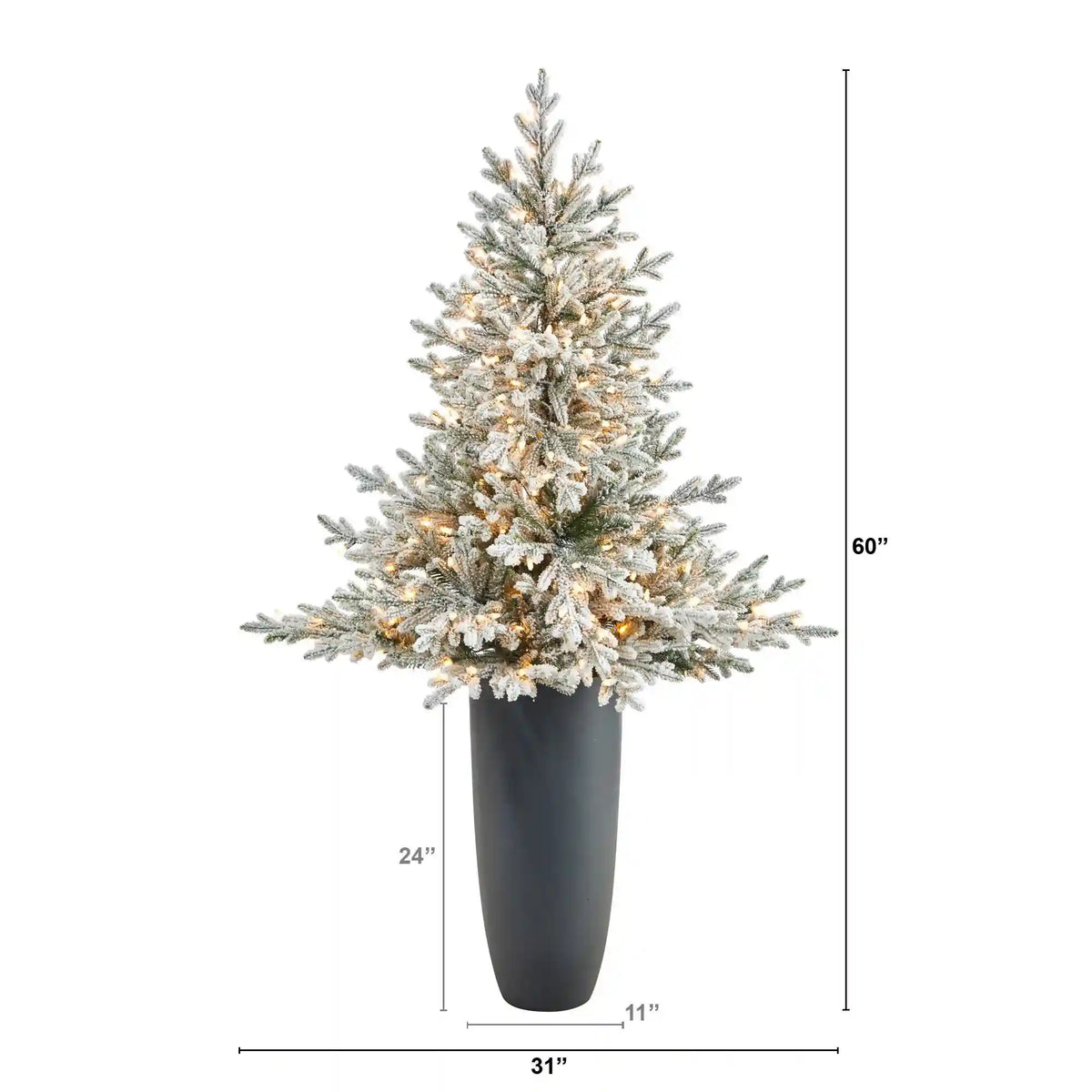 5’ Flocked Fraser Fir Artificial Christmas Tree with 300 Warm White Lights and 967 Bendable Branches in Gray Planter