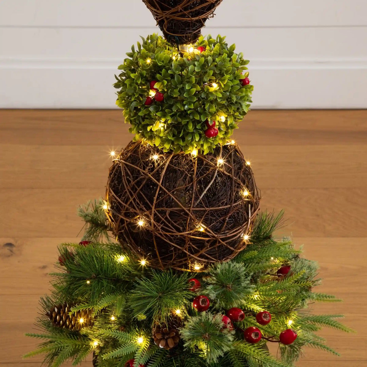 3’ Pre-Lit Artificial Finial Boxwood Ornament Mixed Pine Topiary Christmas Tree with 70 LED Lights in Decorative Urn