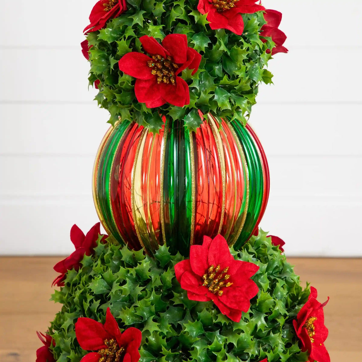 3’ Pre-Lit Artificial Christmas Ornament Holly Berry Topiary Tree with Poinsettias and 70 LED Lights in Decorative Urn