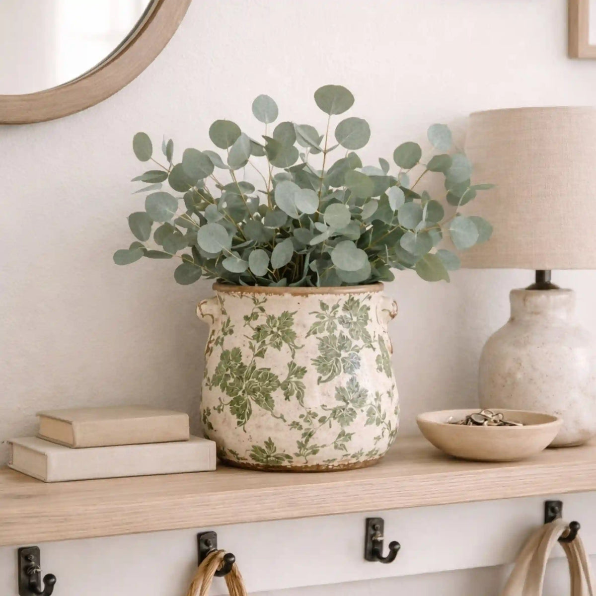 10” Tuscan Ceramic Green Scroll Planter w/ Handles