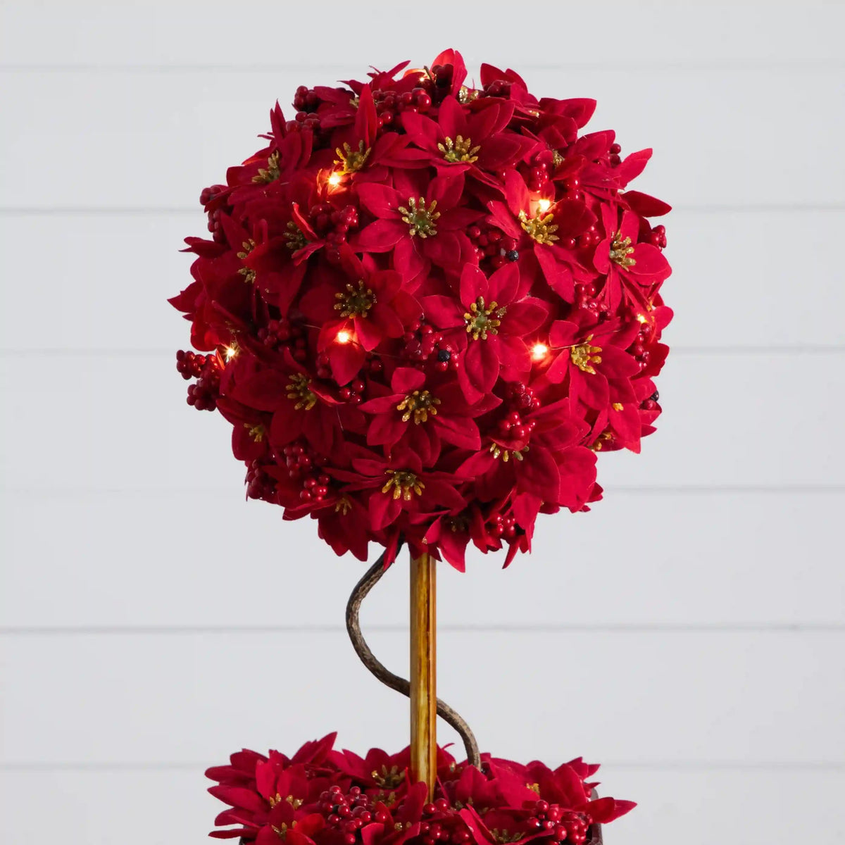 21” Pre-Lit Artificial Christmas Poinsettia Single Ball Topiary Tree with 15 LED Lights in Decorative Planter