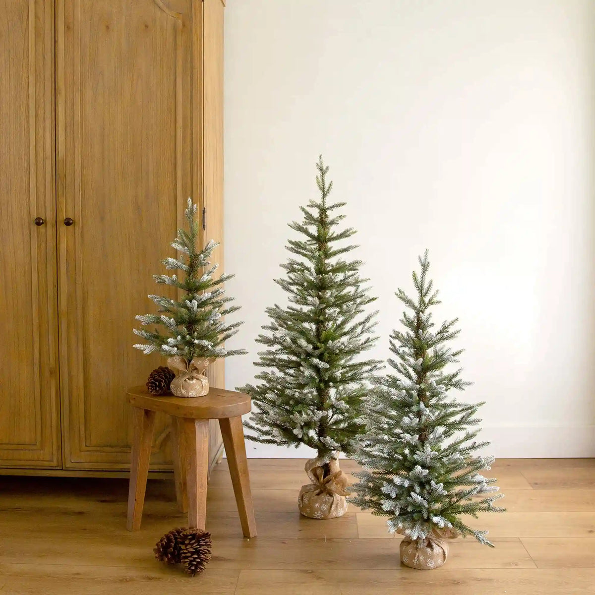 2', 3', 4' Artificial Snowed Balsam Fir Christmas Tree in Burlap Wrapped Base - Set of 3