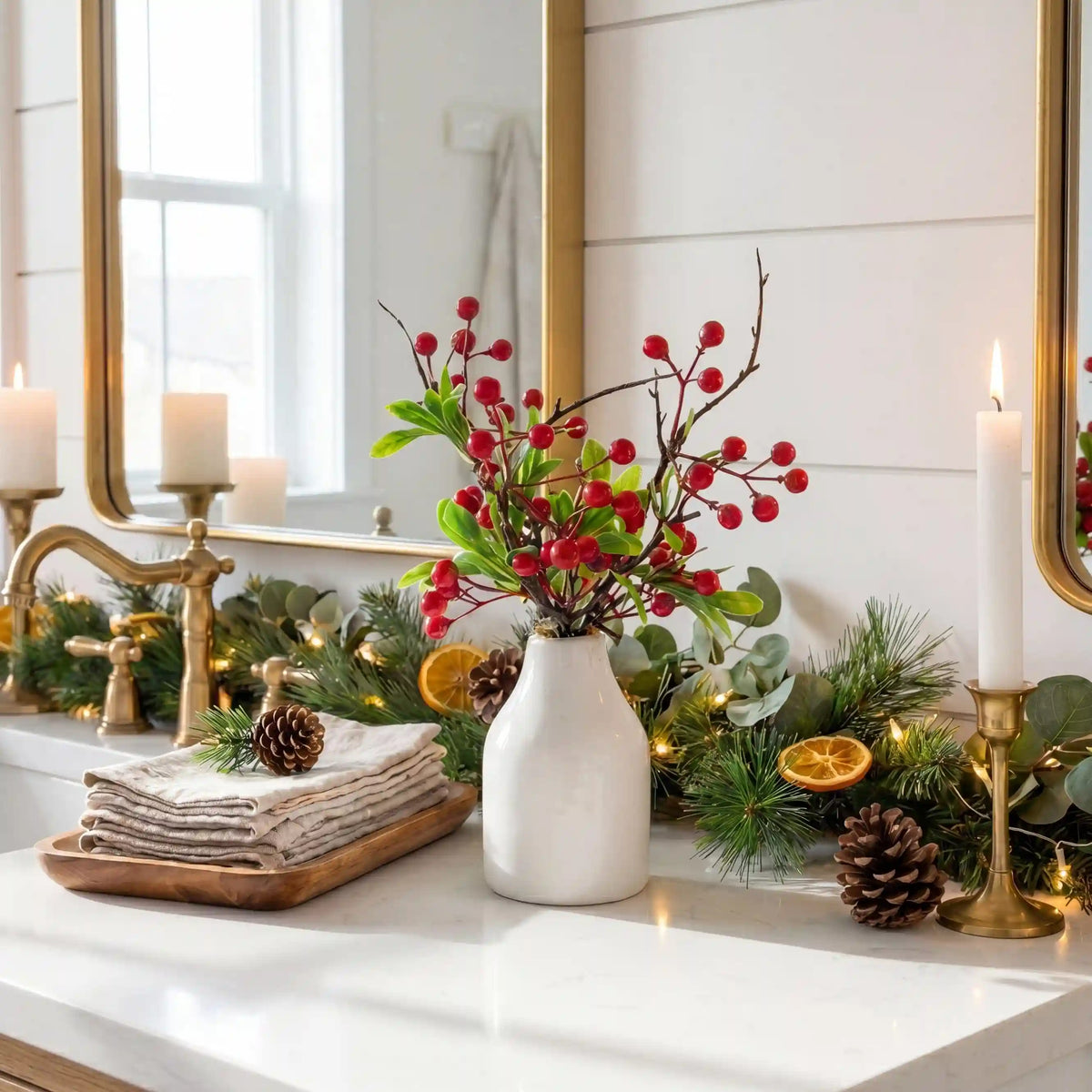 13” Artificial Red Holly Berries Arrangement in Ceramic Vase