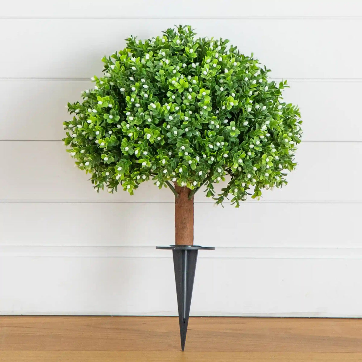 23" UV Resistant Artificial Flowering Boxwood Topiary with Integrated Ground Stake (Indoor/Outdoor)