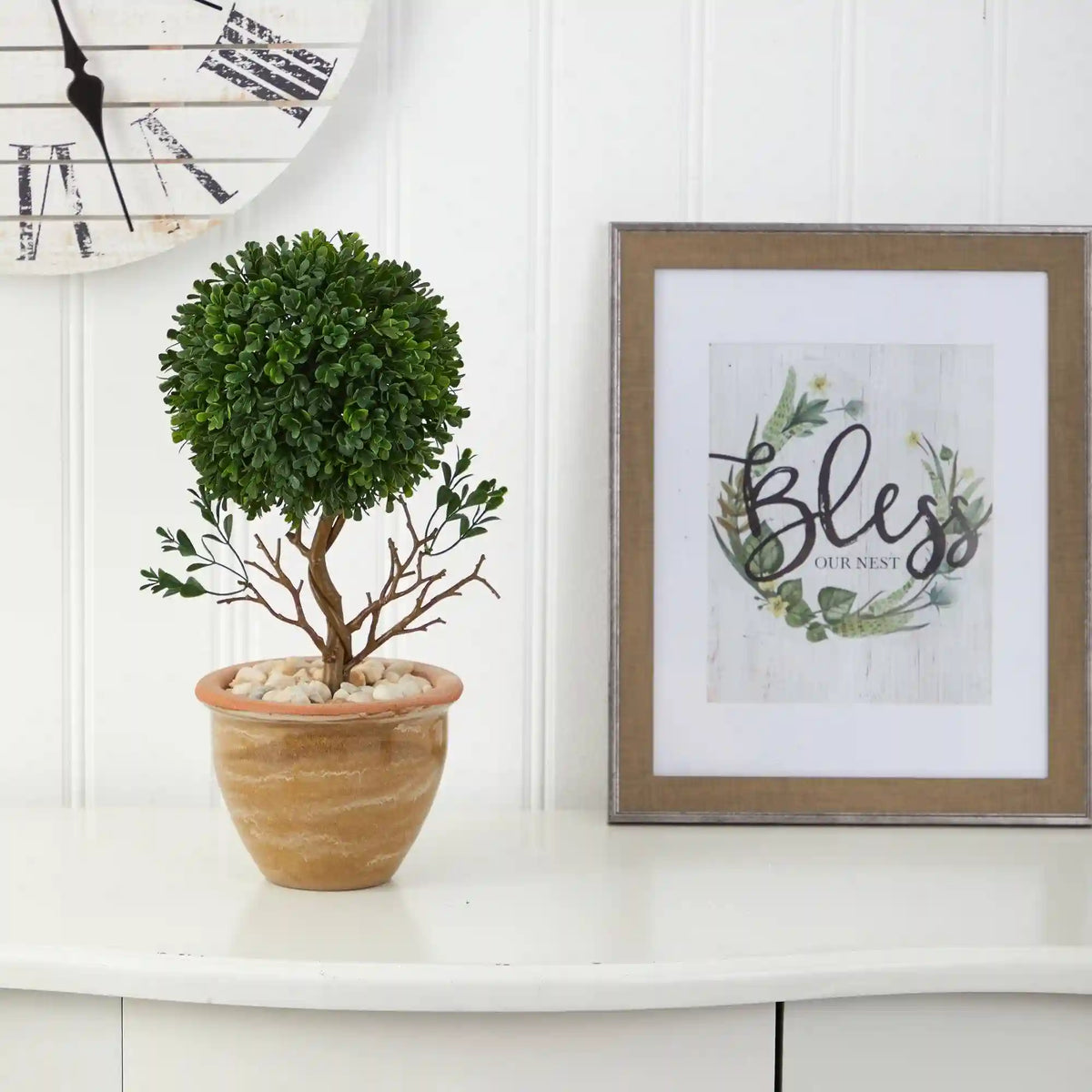 16” Boxwood Topiary Artificial Tree in Ceramic Planter  (Indoor/Outdoor)