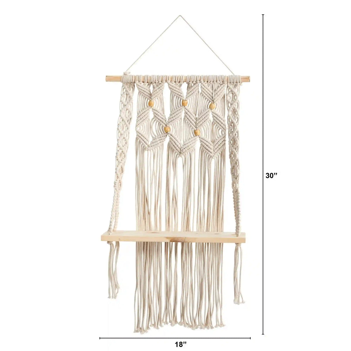 2.5’ x 1.5’ Handmade Boho Macrame Wall Hanging with Wooden Shelf
